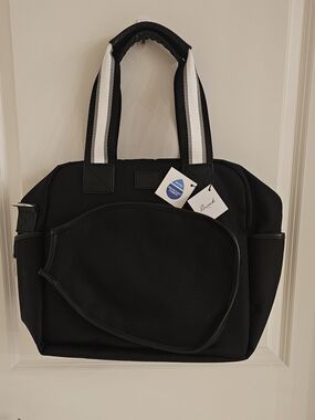 Black Duffel Tote with Contrast White-Striped Handles